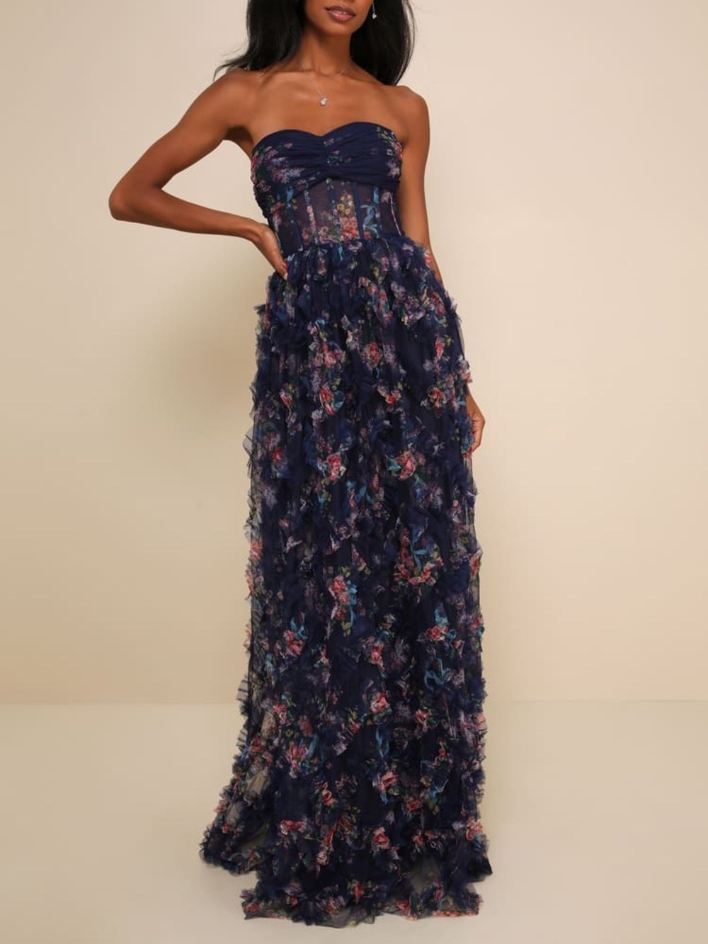NWT Lulus Stunning Element Navy Floral Mesh Ruffled Strapless Maxi Dress